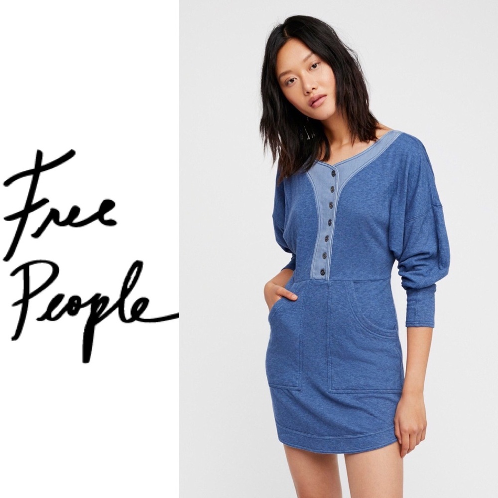 Free People Blue Henley Sweatshirt Dress